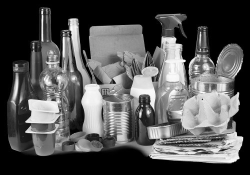 A black-and-white image displaying a variety of discarded household items typically collected for rubbish removal. In the foreground, there are several empty glass bottles of different shapes and sizes, some with narrow necks and others wider, alongside a few plastic containers and bottles, including spray bottles and snack pots. Behind these, partially visible, are crumpled pieces of paper and flattened cardboard boxes stacked neatly. To the right, a large, crumpled paper bag or packaging material rests atop a pile of newspapers or magazines, which are slightly overlapping and appear to be stacked on a flat surface such as a driveway or pavement, suggesting an outdoor setting suitable for waste clearance. The background features more scattered bottles, containers, and possibly a box or crate used for temporary holding. The scene overall depicts a collection of household waste items organized for removal, embodying typical rubbish collected during an office or home clearance in Woolwich, consistent with services provided by Office Clearance Woolwich.